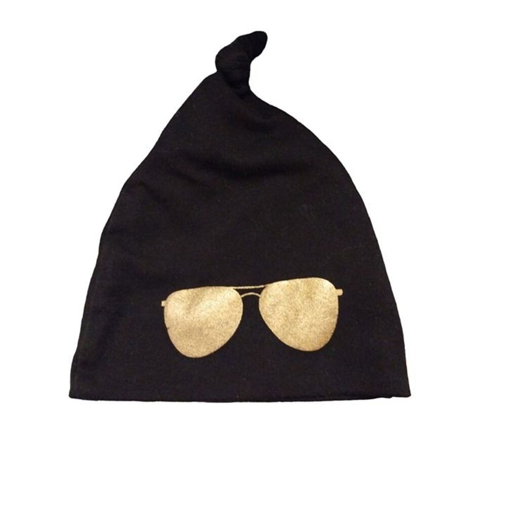Baby Beanie Hat 0-12 Months Black Gold Metallic Aviator Sunglasses Top Knot Soft